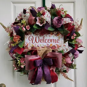 Fall Welcome Wreath with Mauve Plum Purple Peony Florals For Front Door Home Decor Everday Door Wreath with Mulberry Flowers Front Door Wreath Durable Colorful Decoration