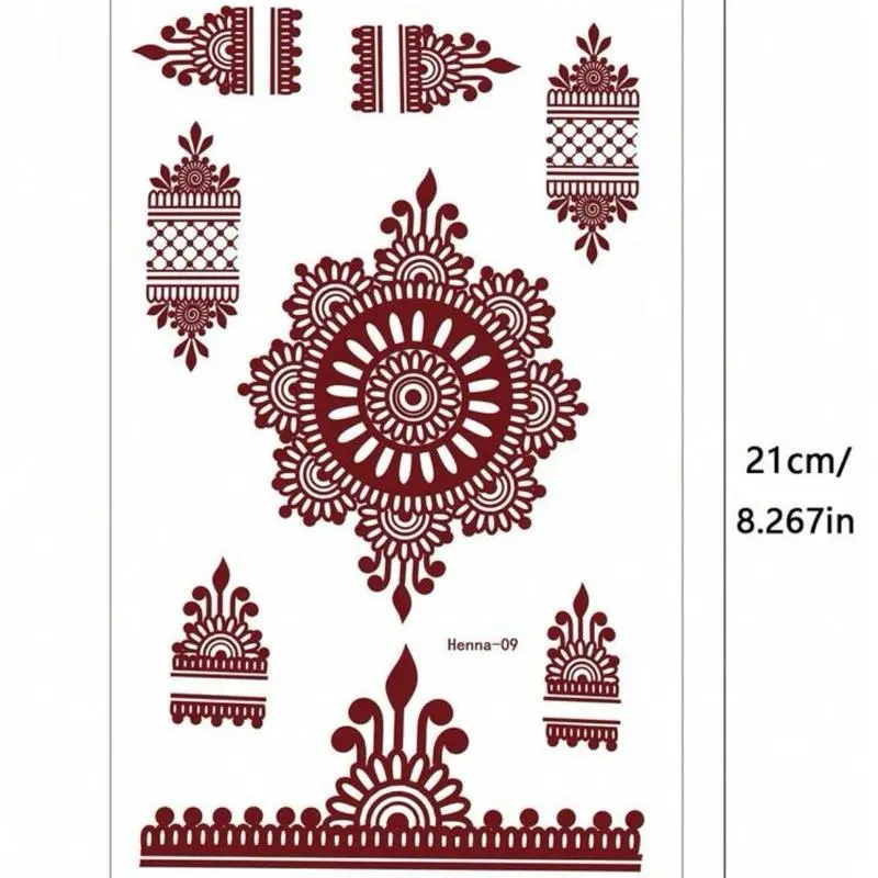 4pcs Red-Brown Henna Mandala Flower Lace Pattern Temporary Waterproof Body Art Tattoo Stickers - Suitable For Hand, Arm, Back; Ideal For Festival, Party Wear
