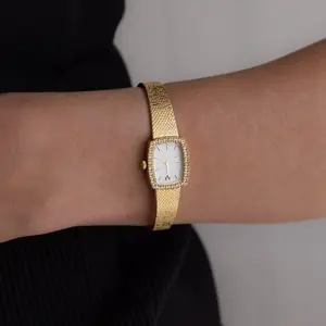 Petite Mesh Timepiece by Caitlyn Minimalist - Dainty Cubic Zirconia Diamond Bezel Watch - Art Deco Jewelry - Gift for Her