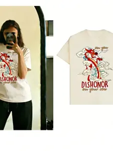 Viral Mulan Meme Graphic T-Shirt, Women, ‘Dishonor On Your Cow’ Dragon Print, Oversized Soft Cotton Y2K Streetwear Tee, Trendy Casual Daily Wear, TikTok Must-Have Aesthetic Top, Funny Quote Vintage-Inspired Tee, Comfortable Loose-Fit Summer/Street St