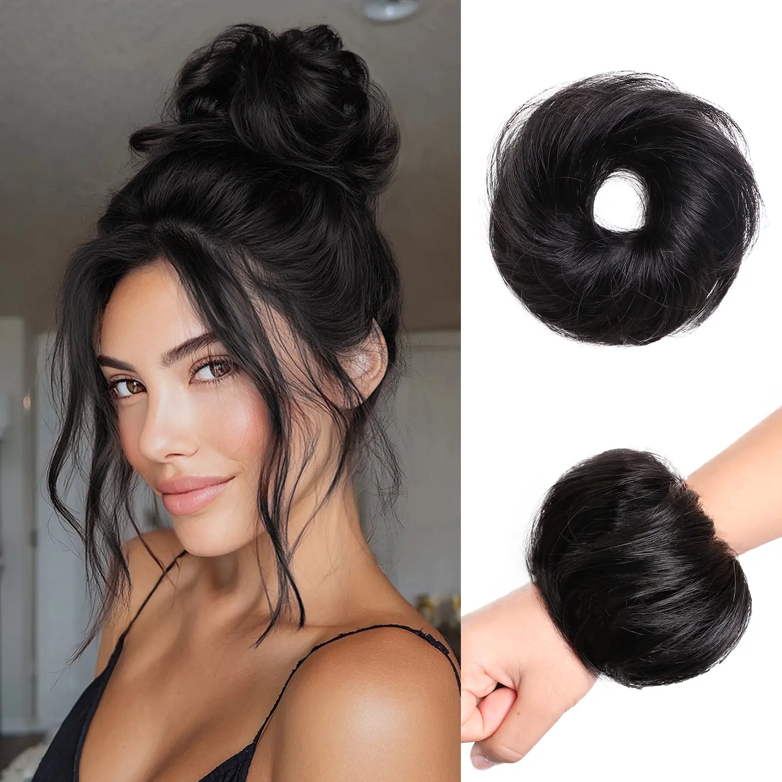XIXISNOW Premium Glueless Human Hair Textured Messy Bun Scrunchie - Chic Casual Short Fluffy Updo Extensions, Realistic Hairpiece