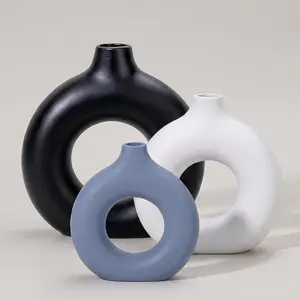 Ceramic Vases Set of 3 Home Decor- Modern Farmhouse, Boho, Aesthetic Black/White/Gray Flower Vase for Living Room Shelf Entry Way Table Centerpiece Decorations (Black White Gray)