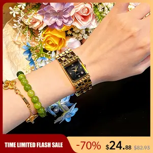Vintage Gold Square Watch for Women Red Dial Greek Key Style Luxury Quartz Wristwatch Stainless Steel Bracelet Classic Elegant Dress Watch Waterproof Fashion Casual Business Watch Perfect Date Night Anniversary Birthday Holiday Gift for Her