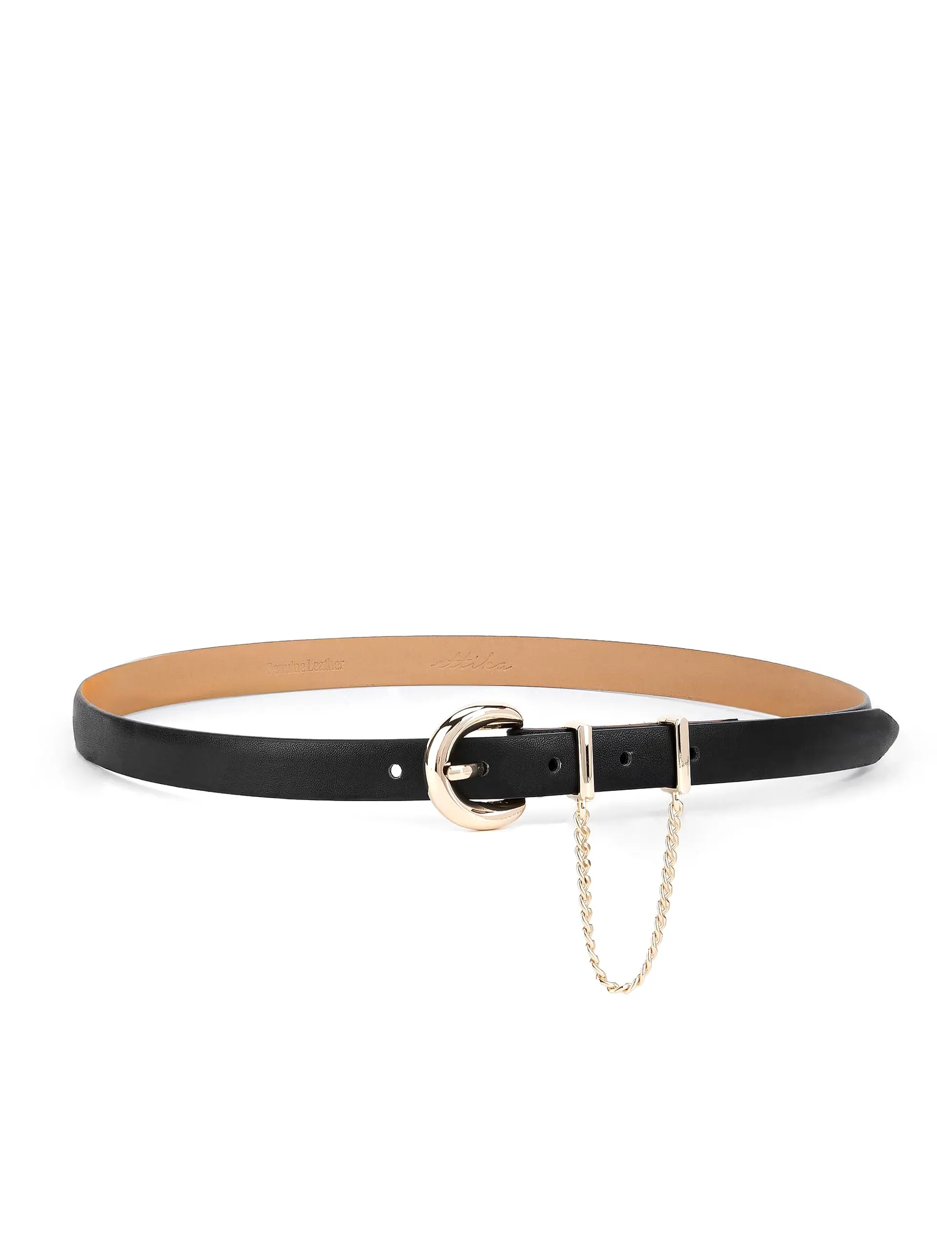 Ettika Cascade Chain Belt in Black Leather with Gold Tone Hardware 0.7" Width Versatile Fashion Accessory for Women Sleek Waistband Buckle
