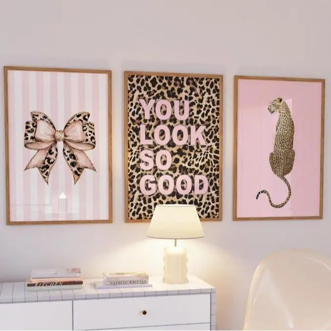 Set of 3 Leopard Pink Art, Girl Room You Look So Good, Wall Art, Bow Leopard Wall Art
