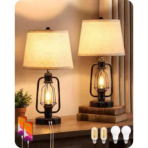 Farmhouse Table Lamps Set of 2, Industrial Bedside Table Lamps with USB Ports, Rustic Vintage Nightstand Desk Lamps for Living Room, Bedroom, 4 Bulbs Included, Beige and Black E14TLP205