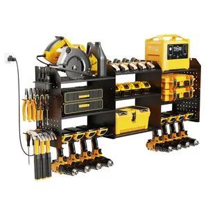 Power Tool Organizer Wall Mount with Charging Station, 3 Layer Heavy Duty Power Tool Storage Rack Cordless Drill Hanger, Large Tool Battery Organizer with Screwdriver/Hammer DIY Garage Storage