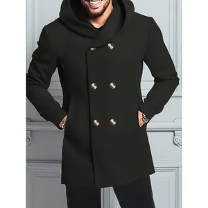 Double-Breasted Men's Hooded Woolen Mid-Length Coat