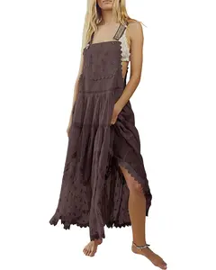 Chouyatou Women's Summer Laced Embroidered Tulle Bib Beachwear Dress Casual Comfortable Loose Adjustable Straps Maxi Dress Womenswear Flared
