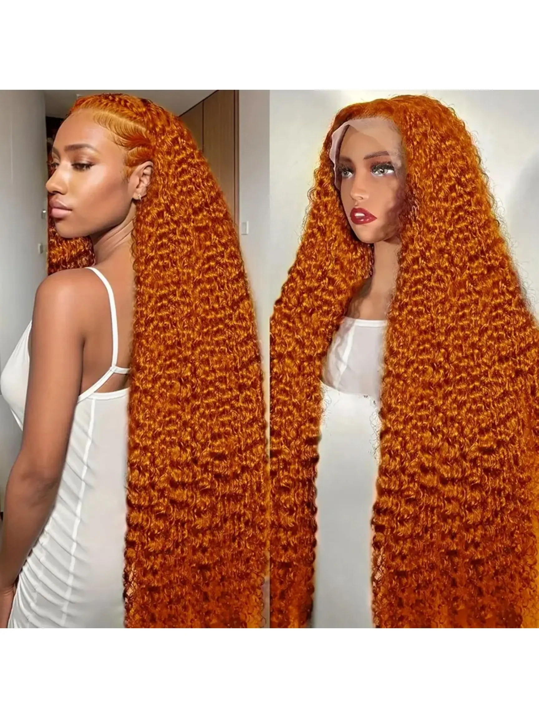 13x6 Deep Wave Human Hair Wig, 350# Ginger Wig, Lace Front, 180 Density, Curly Wig, Pre-Plucked, Long Hair, Breathable, Versatile