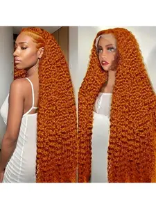 13x6 Deep Wave Human Hair Wig, 350# Ginger Wig, Lace Front, 180 Density, Curly Wig, Pre-Plucked, Long Hair, Breathable, Versatile