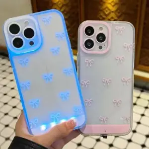 Cross-Border Compatible iPhone 17 Pink & White Bowknot Flashing Phone Case with Voice Control Sensing Shockproof Protection for Internet Celebrities