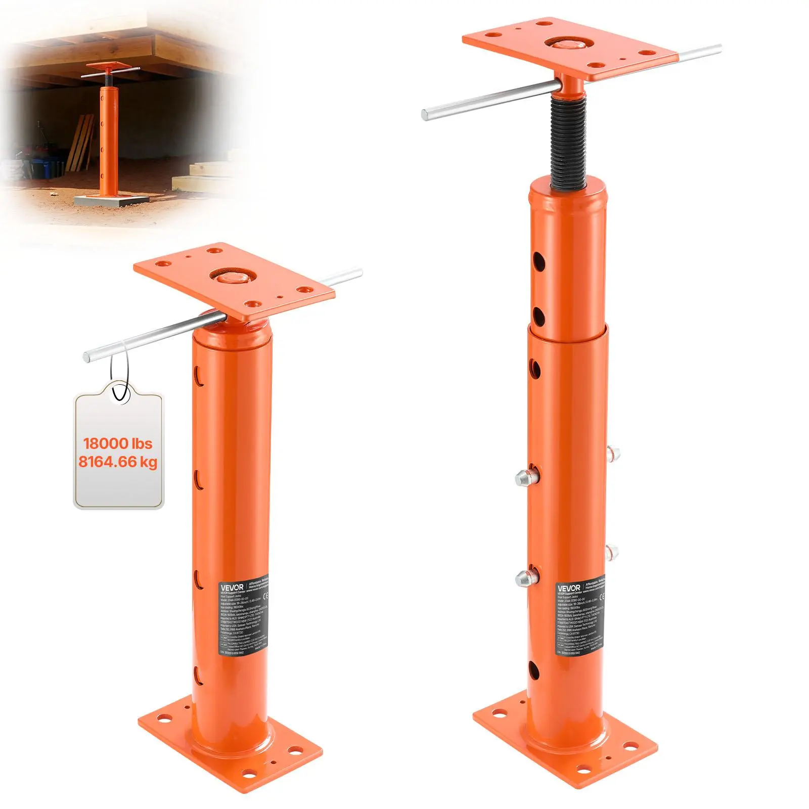 VEVOR 2-Pack Telescoping Jack Posts Construction Tools, 19-36 in Height Range, 18000 lbs/8164.66 kg Max Load, Q235 Steel Lift Post with Lever Handle, Heavy-Duty Support for Basement Leveling Heavy Lifting#BackToSchool