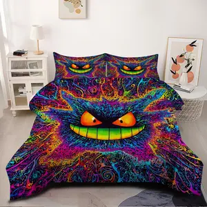 2/3pcs  Psychedelic Neon Ghost Theme Pattern Comforter Set,Fashionable Popular and Anime  Bedding Set,Popular Choice for Cute Dreamy Aesthetics ,Classic  Personalized Atmosphere Soft Comfortable,Including 1 or 2 Pillowcases (No Pillow Core)