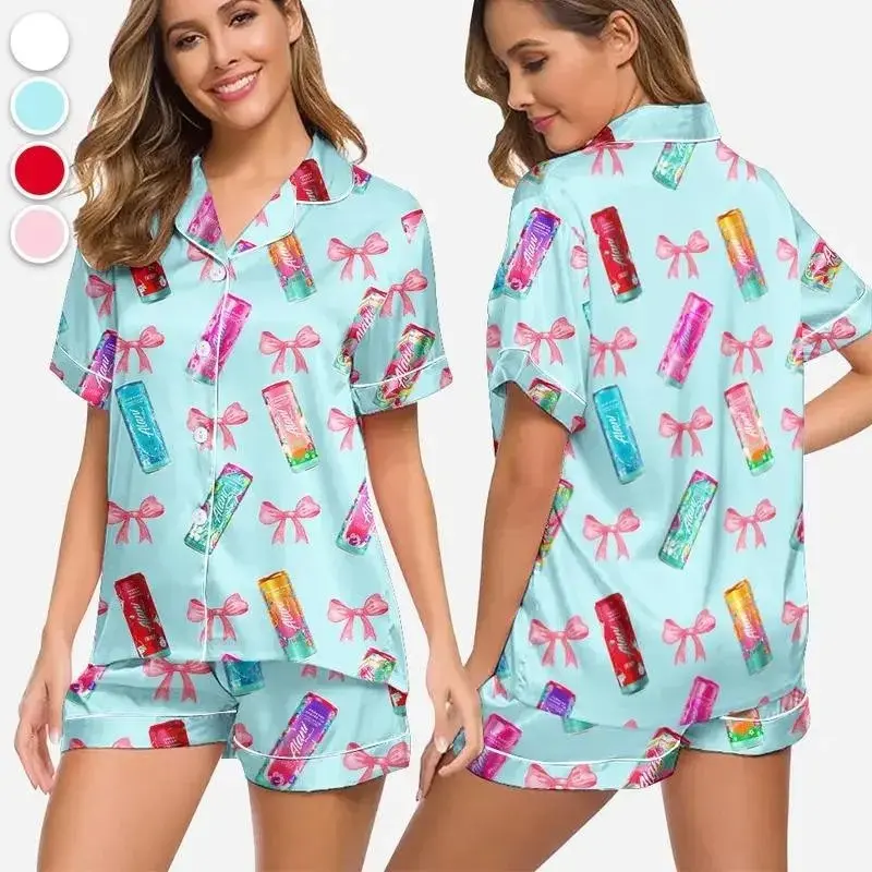 Alani Satin Pajama Set for Women, Short Sleeve Button-Down Silky Sleepwear and Comfy Loungewear