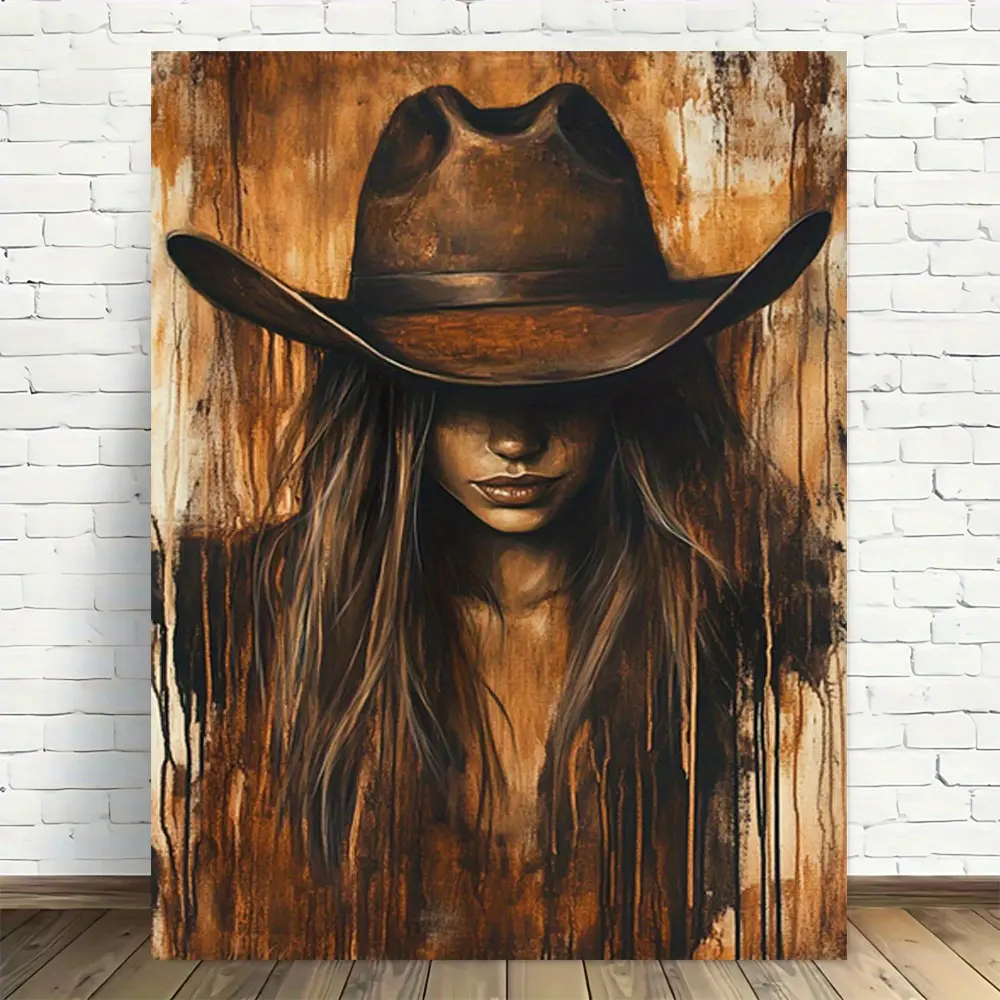 Vintage Brown Cowgirl Wooden Framed Canvas Wall Art, Rustic Drip Paint Western Woman Cowboy Hat Decor For Farmhouse Living Room Office