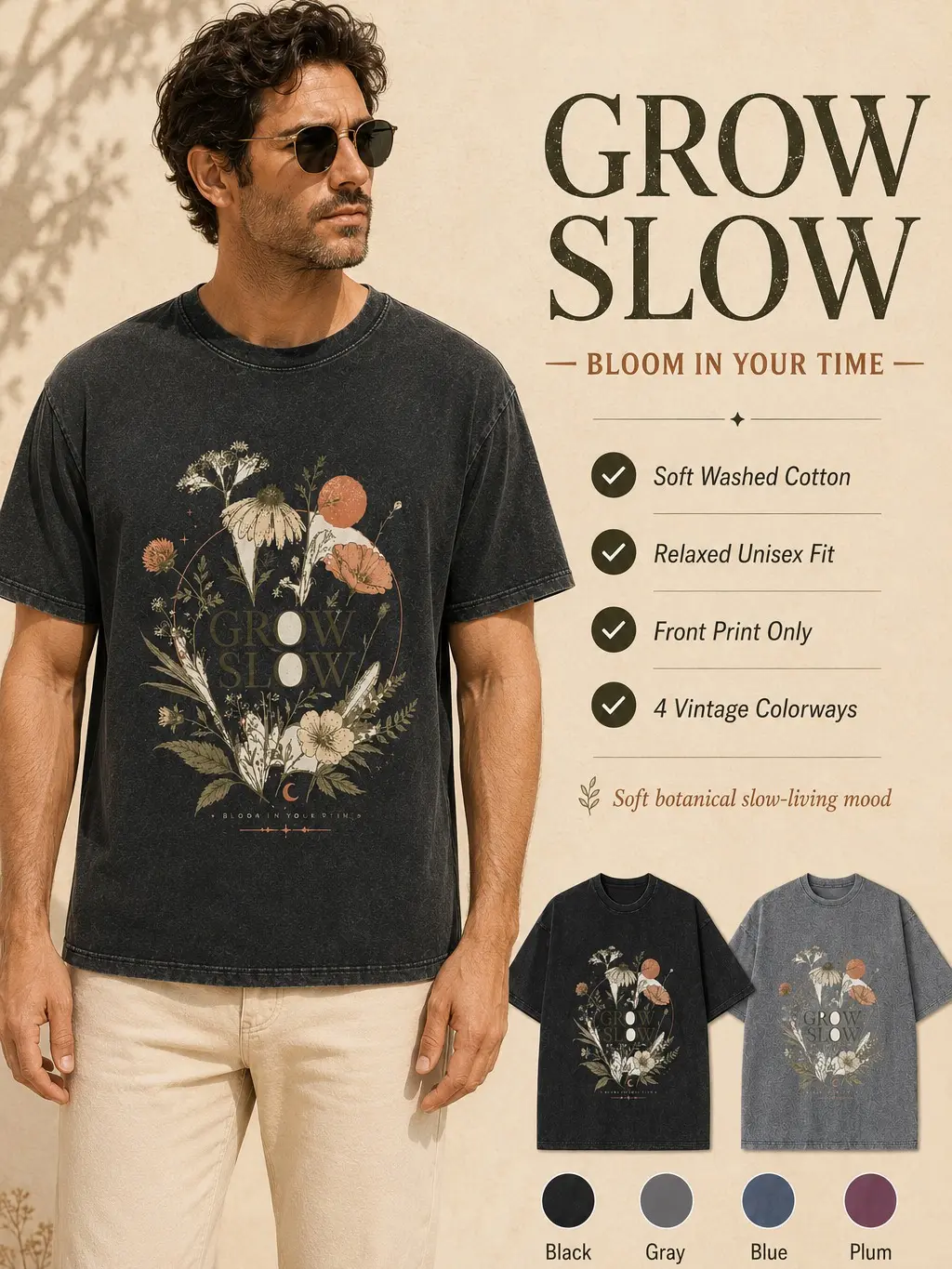 Floral Graphic Tee, Flower Botanical T Shirt, Unisex Cotton Grow Slow Aesthetic T-Shirt