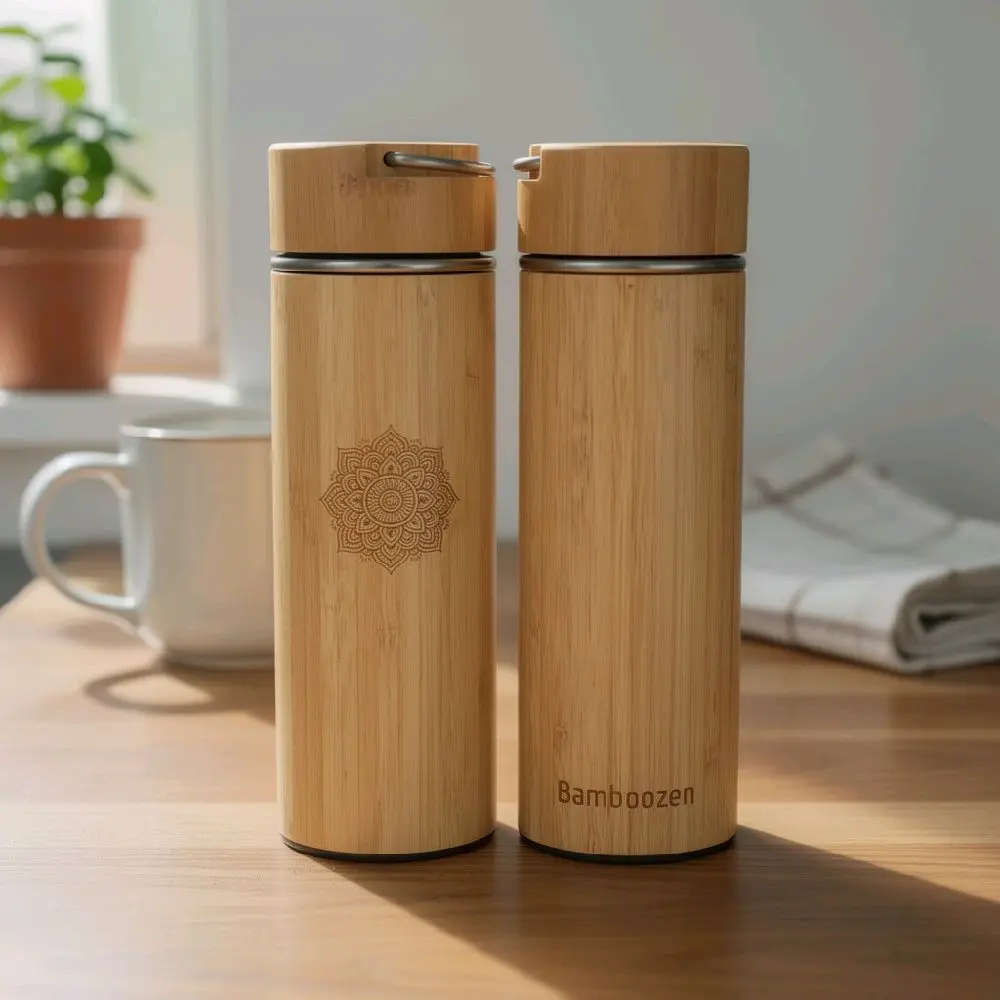 Bamboo Tea Tumbler with Mandala Laser Engraving 20 oz Insulated Water Bottle Coffee Mug Portable Drinkware for Tea & Coffee Gifts Set Eco-Friendly Bamboo Material - Flasks, free custom name engrave on lid