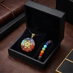 2count Seven Chakra Multicolor Set, Pendant + Bracelet + Necklace + Box.Crafted from 7 Carefully Selected Natural Chakra Crystals with a Transparent Texture, Precisely Corresponding  the Seven Chakras of the Human Body