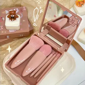 5-Piece Portable Makeup Brush Set with Mirror, Includes Loose Powder Brush, Blush Brush, Foundation Brush, Eyeshadow Brush, Blender Brush, Travel Essential