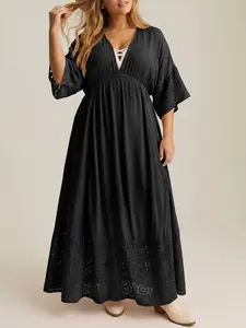 [Plus Size] Fisoew Women's Boho Maxi Dress Deep V-Neck Kimono Sleeve Flowy Dress with Lace Trim Hem & Pockets Elastic Waist Casual Long Dress for Wedding Guest Beach Vacation #SummerVibes