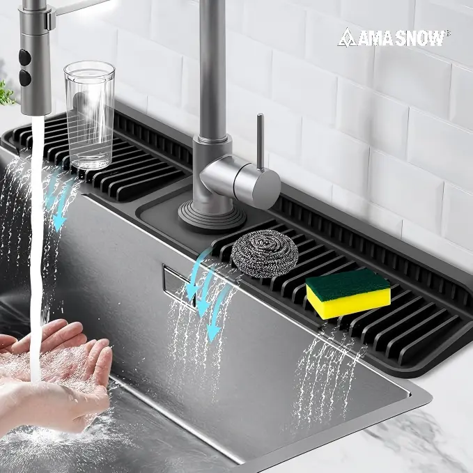 AMA SNOW 24-Inch Kitchen Sink Splash Guard Mat | 7° Slope for Fast Self-Draining | Snap-Lock Design | Universal & Cuttable Silicone Faucet Mat (Black)