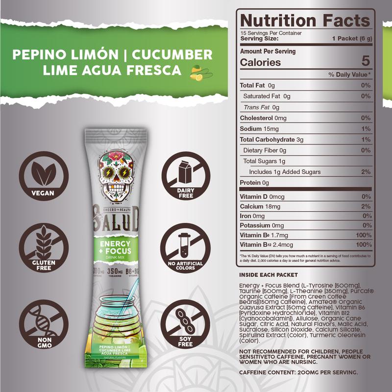 Salud 2-in-1 Energy Drink Powder + Focus, Cucumber Lime, Organic Caffeine, B6 + B12, Theanine, Clean Energy Drink Packets, Agua Fresca Mix, Non-GMO, Gluten Free, Vegan, 1g of Sugar, (15 Servings)