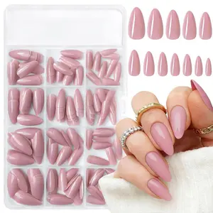 240pc Nude Almond Press on Nails Medium Fake Nails Nude Glue on Nails Short Stiletto Nails Press ons Full Cover Artificial Nail Tips Women Girls False Fingernail with Glue Adhesive Tabs