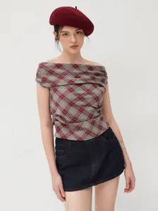 Off-shoulder Tartan Ruched Crop Top