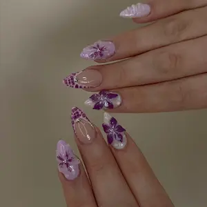 Dreamy Lily Flower False Nails, Water Ripple French Leopard Print, Elegant Vintage Press-On Nail Art, Removable Rhinestone, Flower Design Rhinestone, Elegant Rhinestone Decorated, Nail Art Products