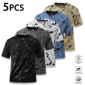 Men's 5-Pack Quick-Dry Athletic Graphic T-Shirts, Crew Neck Short-Sleeve Tees with Abstract Print, Lightweight Breathable Sportswear for Gym, Running, Casual Wear