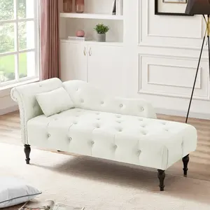 Velvet Chaise Lounge Indoor Velvet Button Tufted with Pillow, Nailhead Decorate Rolled Arm Chaise Lounge for Bedroom Living Room, 60.6"