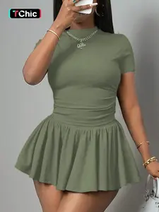 Women's Short Sleeve Dress Set, Fitted Top and Fluffy Skirt Design, Perfect for Dates or Daily Outings