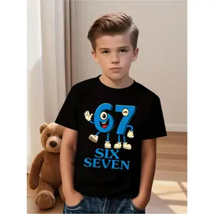 Black Short-Sleeved T-Shirt with Blue Cartoon 67 Number Print And SIX SEVEN Letters, Fun Top