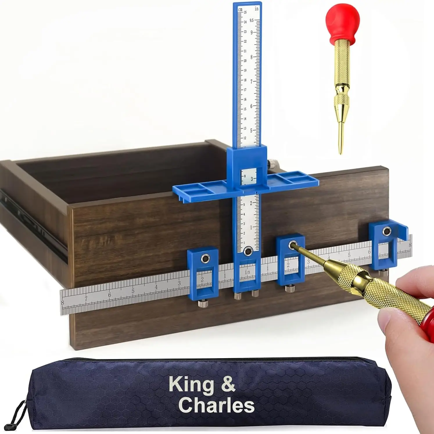 Cabinet Hardware Jig, King&Charles Cabinet Handle Jig with Automatic Center Punch, Avoid Jitter Caused by Direct Drilling. Use for Handles and Pulls on Drawers/Doors, Perfect Set.