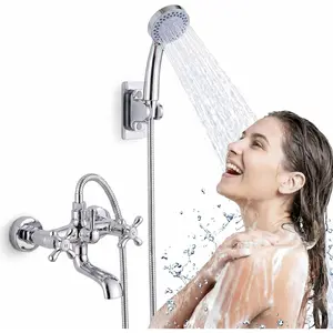 Faucet with Hand Shower Tub Filler Wall Chrome Brass Retro Shower Mixer Tap, Exposed Bath Faucet Set with Handles and No-Bracket (Chrome)