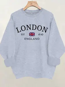 Women's London Flag Print Fitted Long Sleeve Graphic Sweater, Casual Round Neck Pullover, All-Season Comfort
