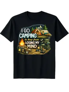 Camping Theme T-Shirt for Men and Women - Fun Slogan "Camping Is for Burning Madness" - Soft and Breathable Top with  Campervan Pattern - Lightweight Black T-Shirt Perfect for Road Trips and Outdoor Adventures - Available in Sizes S-XXXL