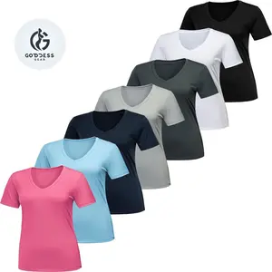 Goddess Gear Summer Workout Shirts for Women - Pack of 2/3/5/7 Moisture-Wicking Quick-Dry Athletic T-Shirt with Deep V Neck, Loose Fit, and 4-Way Stretch Fabric