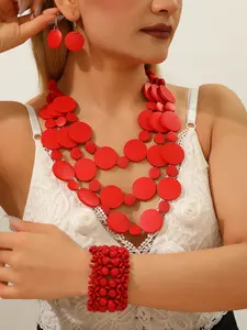 3-Piece Set of Fashionable Exaggerated Long Wood Round Bead Multi-Layer Tassel Necklace Earrings and Bracelet Set Boho Fashionable Jewelry Set