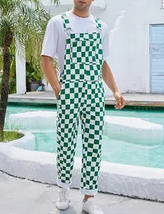 Men's Stretch Denim Overalls, St. Patrick's Day Coveralls, Green Checkered Bibs Workwear, Stylish Menswear with Zipper Closure