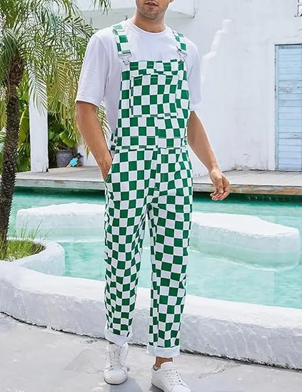 Men's Stretch Denim Overalls, St. Patrick's Day Coveralls, Green Checkered Bibs Workwear, Stylish Menswear with Zipper Closure