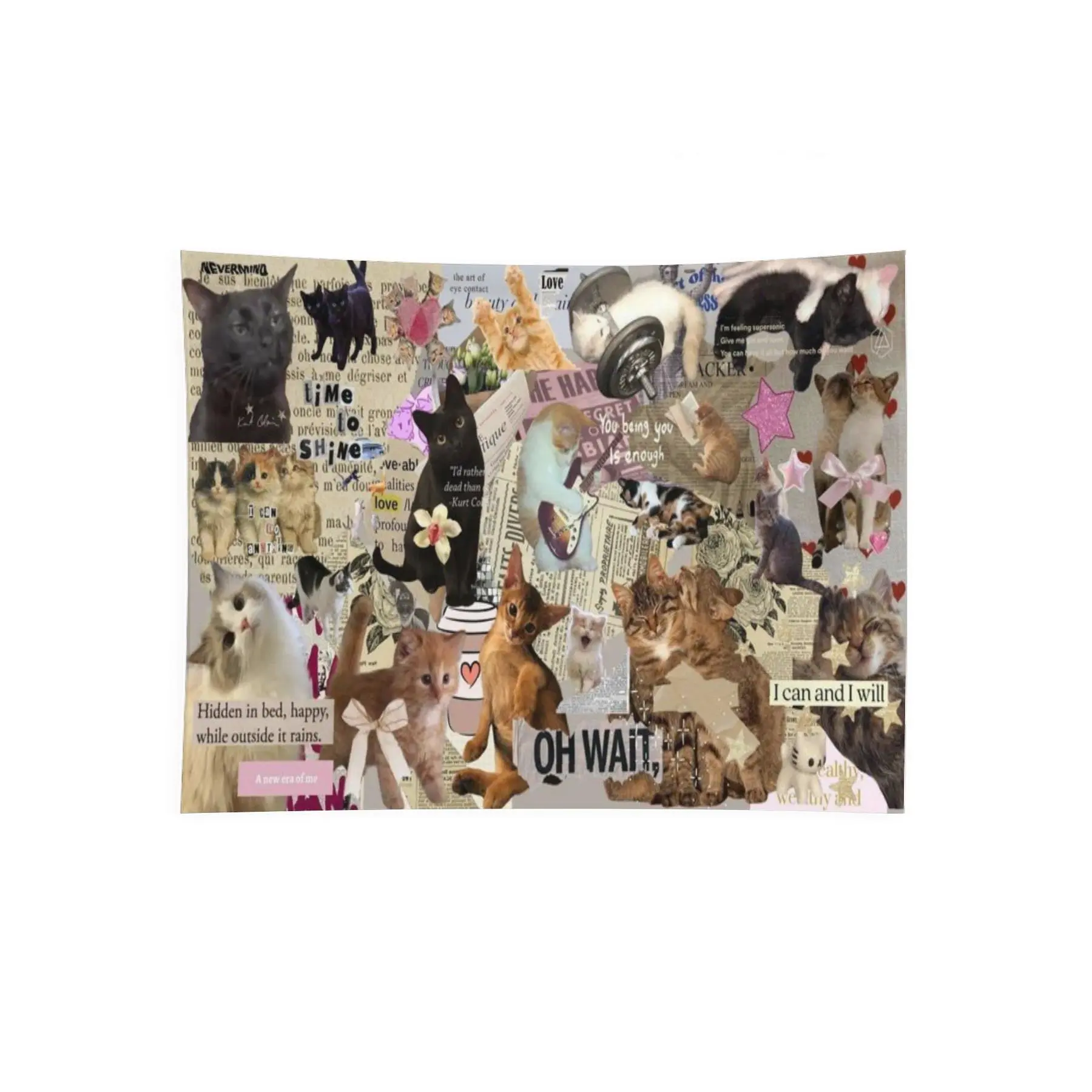 Cute Cat Collage Wall Tapestry, Funny Kitty Newspaper Aesthetic Pink Stars Vintage Scrapbook Bedroom Dorm Wall Decor