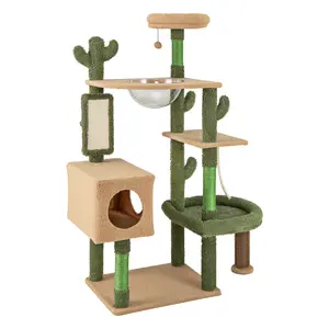 COSTWAY - 59 Inch Multilevel Cactus Cat Tree with Scratching Posts Cando Toy and Rope-Green