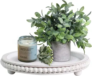 12in Round Tray for Home Decor- White Wood Beaded Tray- Decorative Round Tray for Living Room Decor, Coffee Table Decor, Kitchen Table Decor or Farmhouse Serving Tray