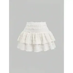 Solid Color Ruffle Edge Number Print Double Layer Hem Skirt, Casual Vacation Y2K Clothing Mini Shorts Women's Wear Fabric Fit Womenswear Bottom Tiered Gamis