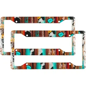 2 Sets Country Western Sunflowers Turquoise Stone Premium License Plate Holder - Car Truck SUV Front and Rear Bracket for Enhanced Night Vision 4 Holes ﻿