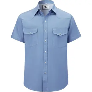 Men's Denim Western Cowboy Pearl Snap Casual Button Down Up Dress Light Weight Short Sleeve Soild Work Shirts