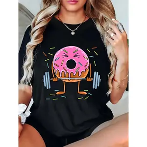 Women's Funny Pink Donut Lifting Barbell T-Shirt | Cute Colorful Sprinkles Donut Workout Tee, Casual Gym Fitness Daily Top for Women Fitness Enthusiasts & Donut Lovers 100% Cotton T-shirt