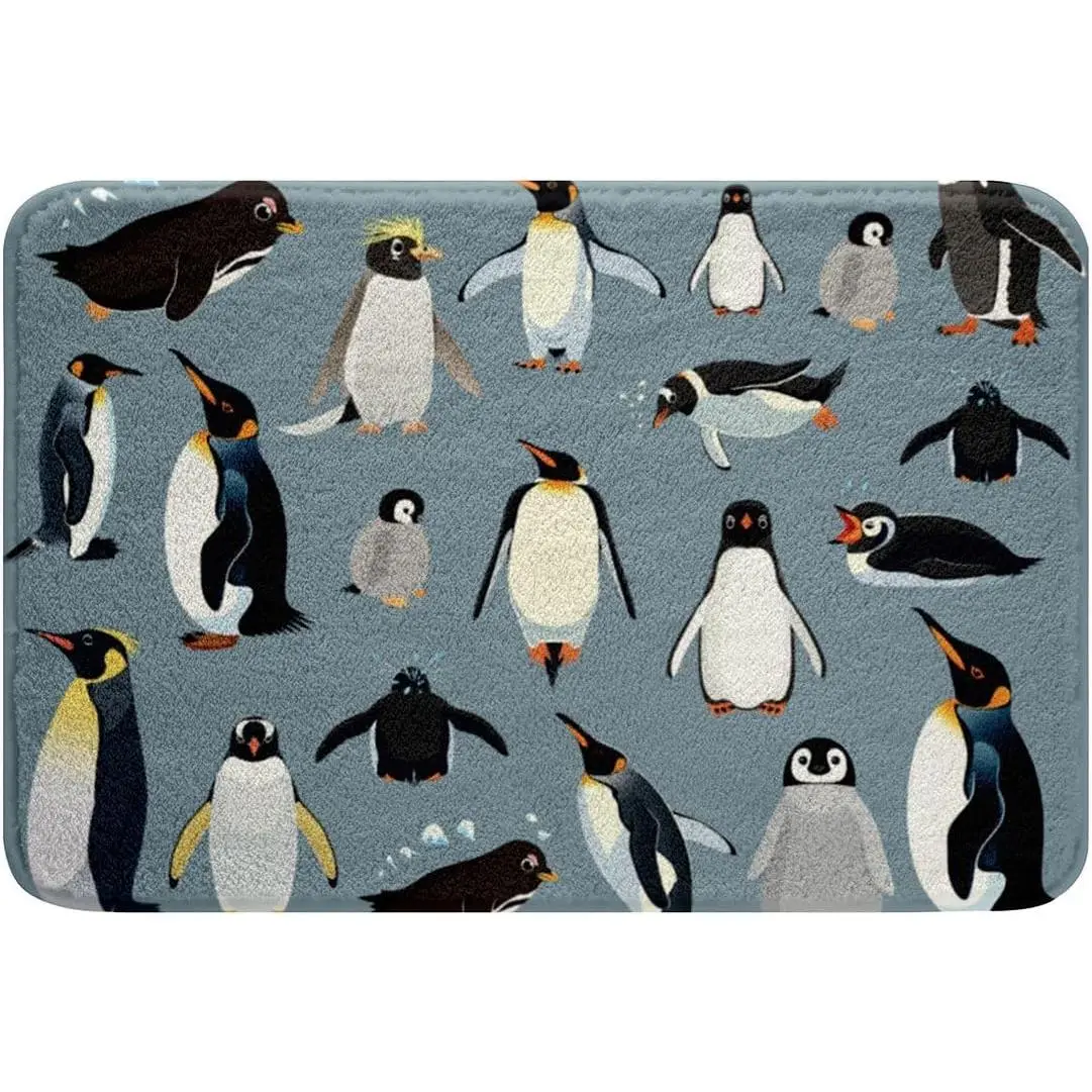 Penguins Bathroom Rug,Antarctica Animals Wildlife Doormat,Cartoon Little Penguins Bath Mat,Cute Wild Safari Theme Bath Rug Non Slip Water Absorbent